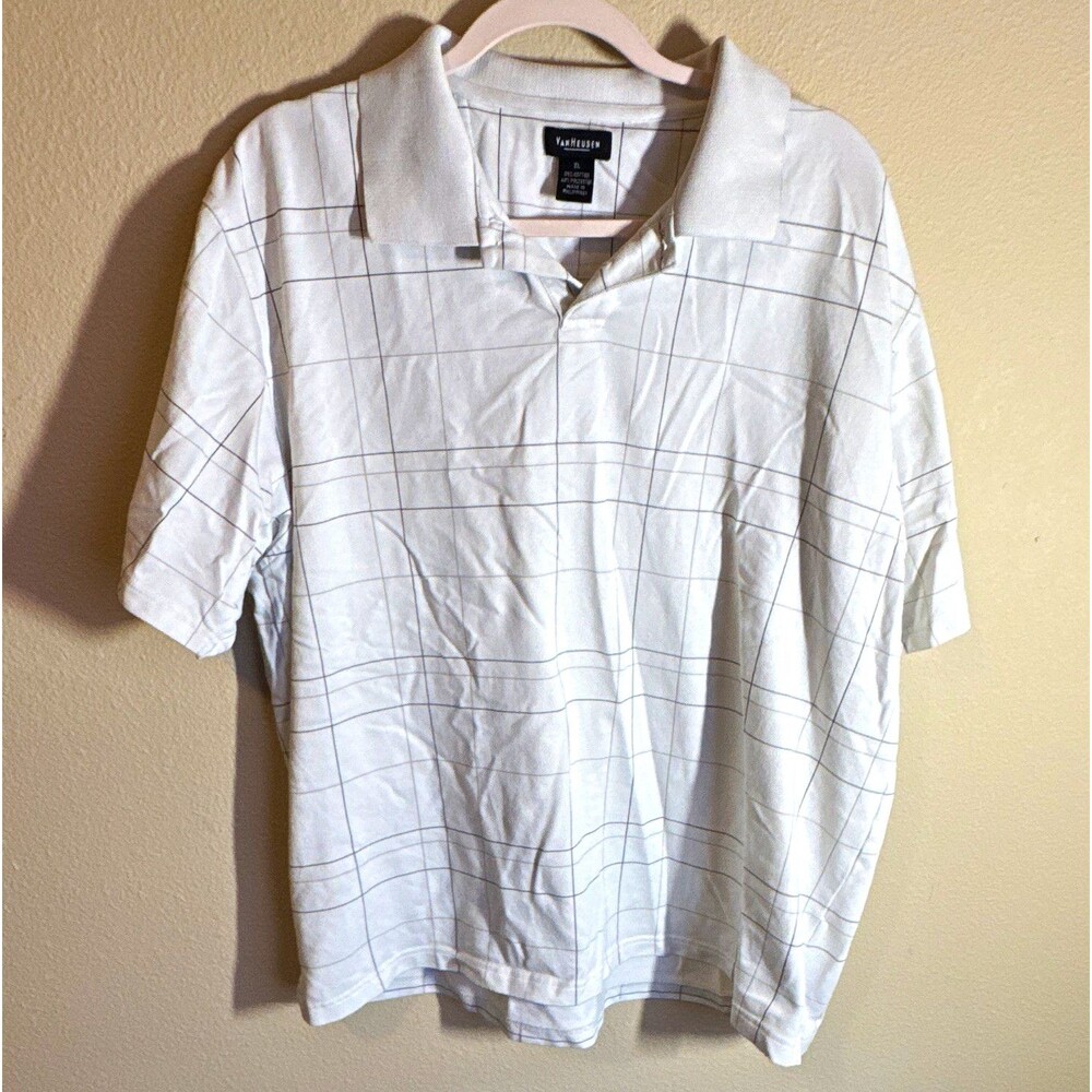 Van Heusen Men’s Polo Shirt Size XL White/Black Plaid Short Sleeve Collared
